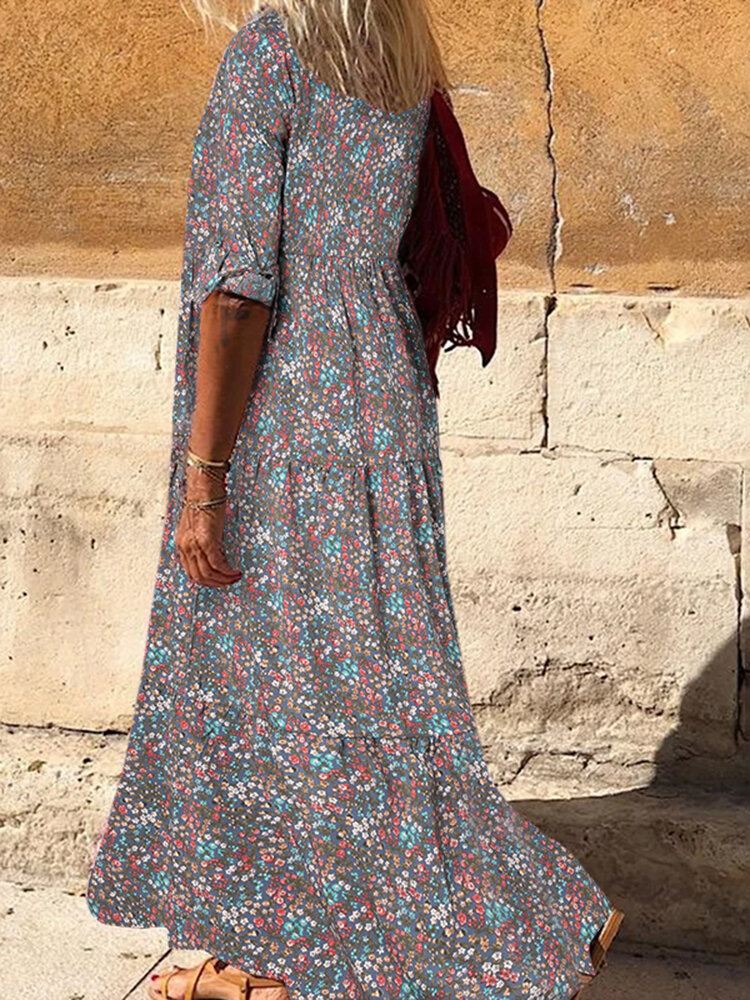 Vintage Kukkaprintti Käännelaskokset Pitkähihainen Boheemi Paita Maxi Mekko Naisille