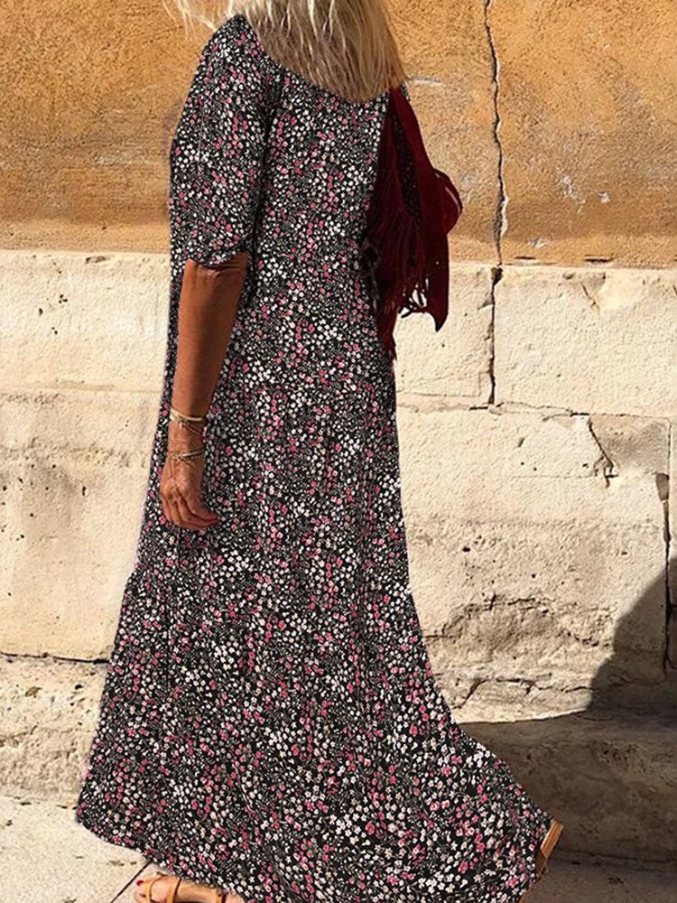 Vintage Kukkaprintti Käännelaskokset Pitkähihainen Boheemi Paita Maxi Mekko Naisille