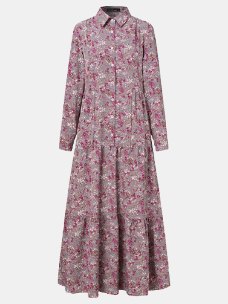 Vintage Kukkaprintti Käännelaskokset Pitkähihainen Boheemi Paita Maxi Mekko Naisille