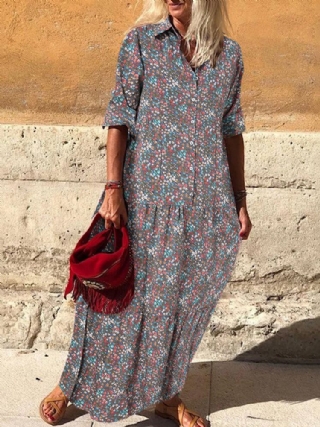 Vintage Kukkaprintti Käännelaskokset Pitkähihainen Boheemi Paita Maxi Mekko Naisille