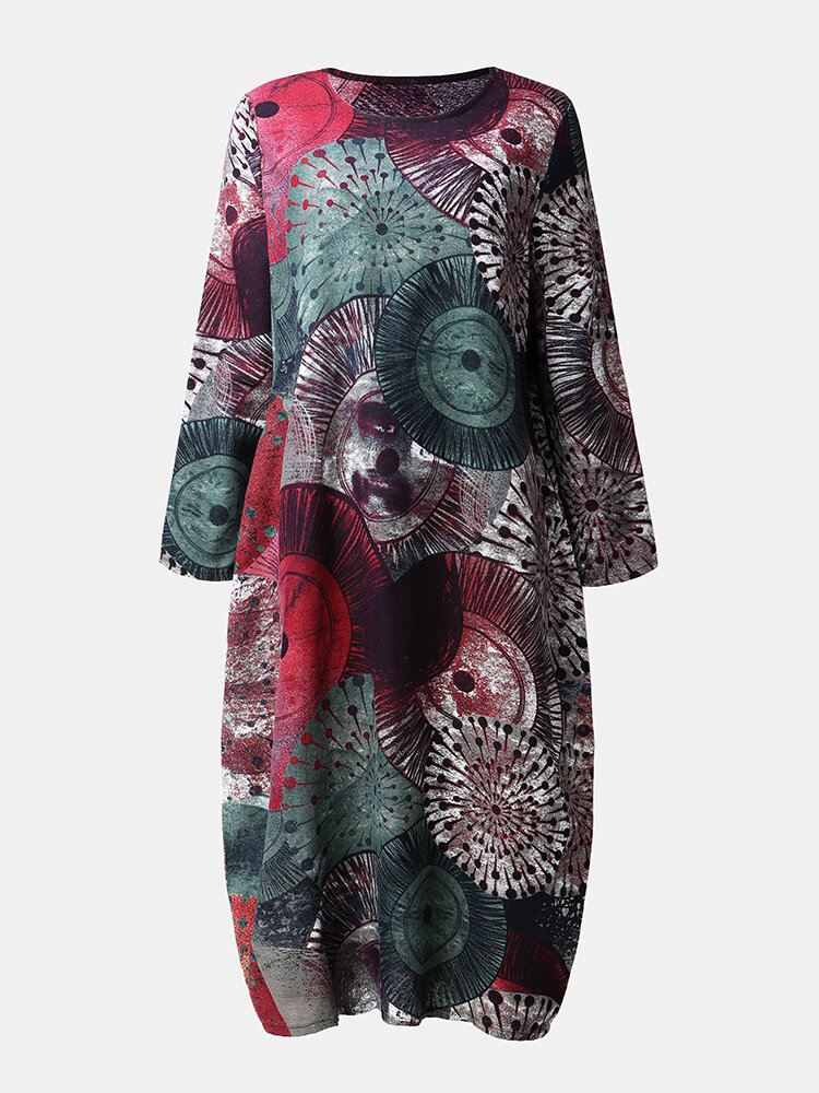 Vintage Print O-pääntie Pitkähihainen Rento Mekko Taskuilla