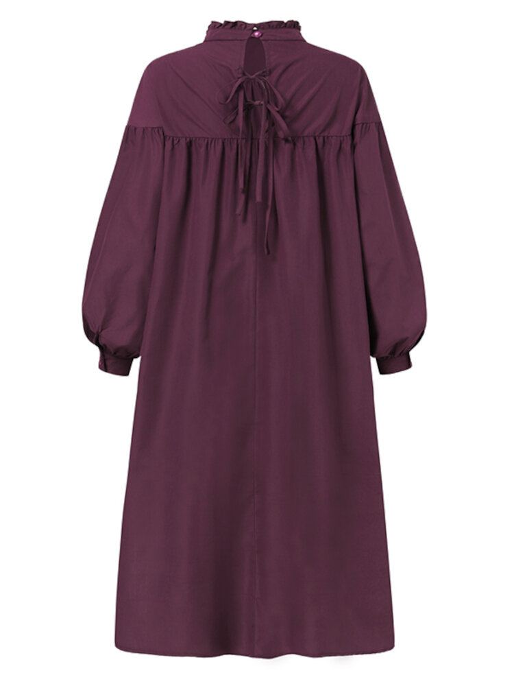 Yksivärinen Puff Sleeve Turtleneck Pitsi Up Laskostettu Tikkaus Korkea Matala Helma Paitamekko