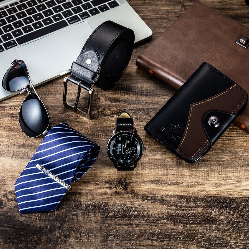 5 Kpl / Setti Business Gift Kit Chronograph Miesten Kvartsikello Rannekello Vyö Lompakko Lasit Solmio