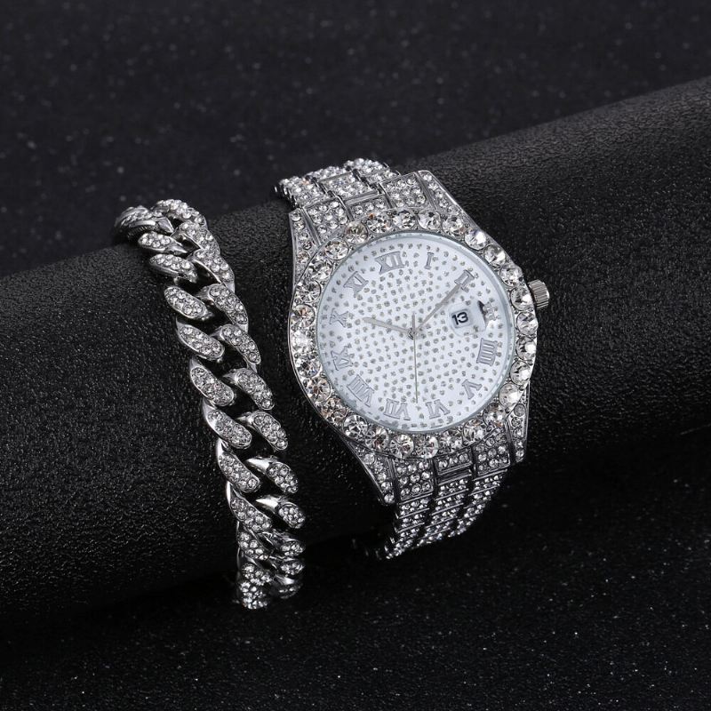Hip Hop Luxury 2 Kpl Hip-hop-ketju Täystimanttikello Rannekoru Lady Quartz Watch