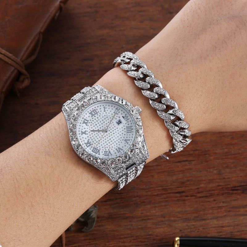 Hip Hop Luxury 2 Kpl Hip-hop-ketju Täystimanttikello Rannekoru Lady Quartz Watch
