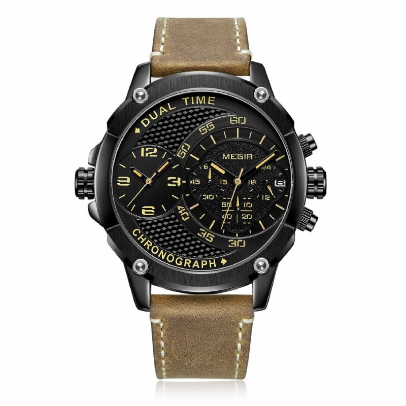 Muoti Kaksinkertainen Aikavyöhykekalenteri Chronograph Luminous Miesten Vedenpitävä Armeijan Urheilullinen Nahkaranneke Kvartsikello