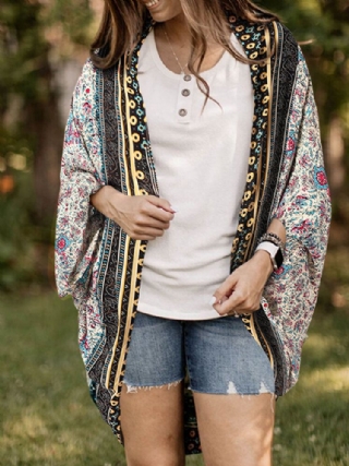 Floral Tribal Pattern Print Edessä Avoin Löysä Neuletakki