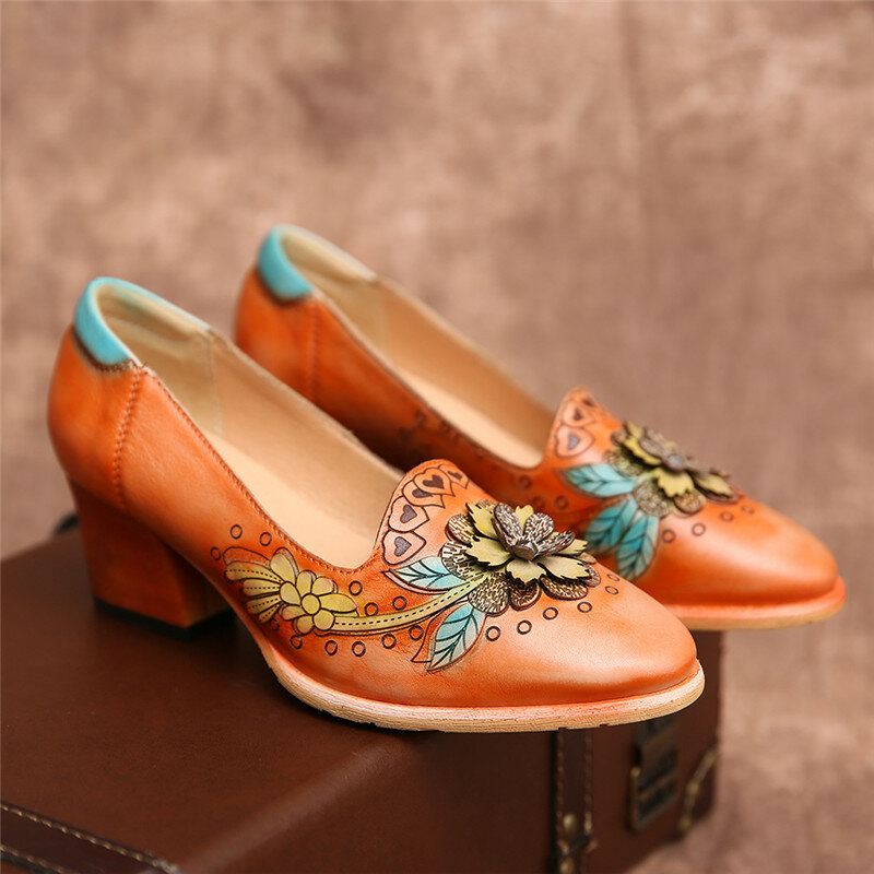 Retro Splicing Kukkanahka Luistaa Päälle Block Heel Pumps Mekkokengät