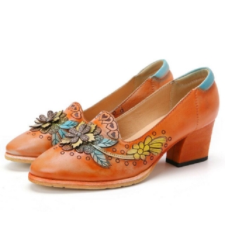 Retro Splicing Kukkanahka Luistaa Päälle Block Heel Pumps Mekkokengät