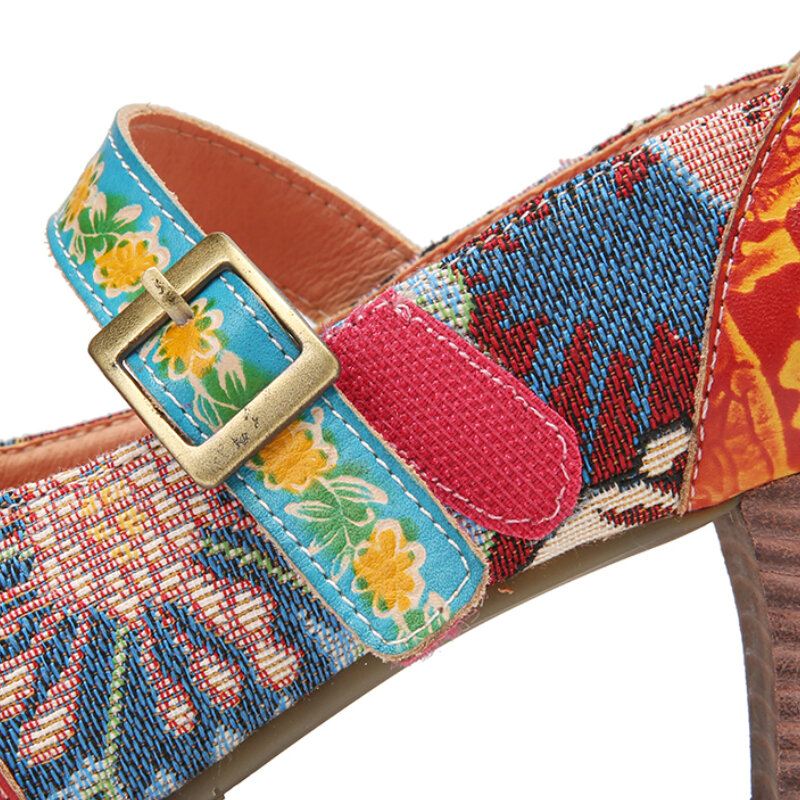 Tyylikkäät Kukkakoristeet Painettu Ompeleminen Kukkakankaalla Koukkusilmukka Liukumaton Mary Jane Chunky Heel Pumps