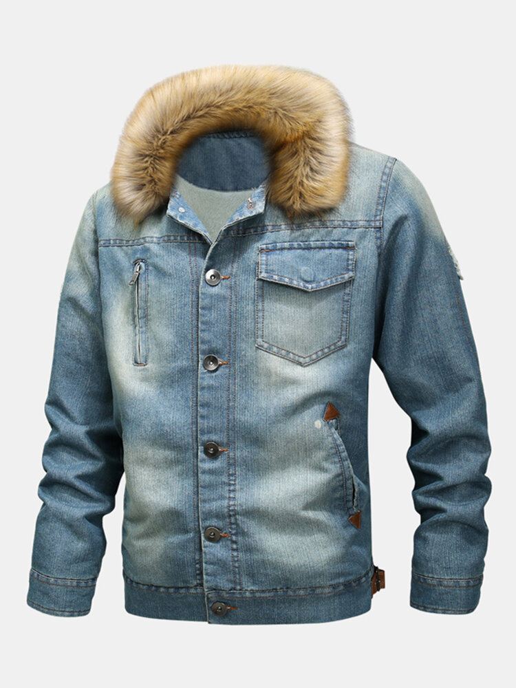 Miesten Muoti 100 % Puuvillaa Taskut Denim Fleece Paksunnettu Jalkakaulus Rento Takki
