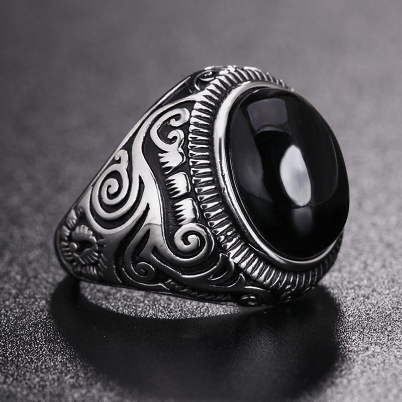 Rezex Vintage Pattern Sininen Musta Turkoosi Sormukset Jalokivi Titanium Steel Miesten Sormus