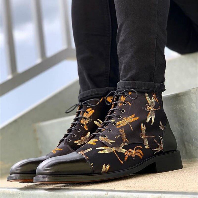 Miesten British Style Cap Toe Splicing Dragonflies Printed Kangas Nilkkasaappaat