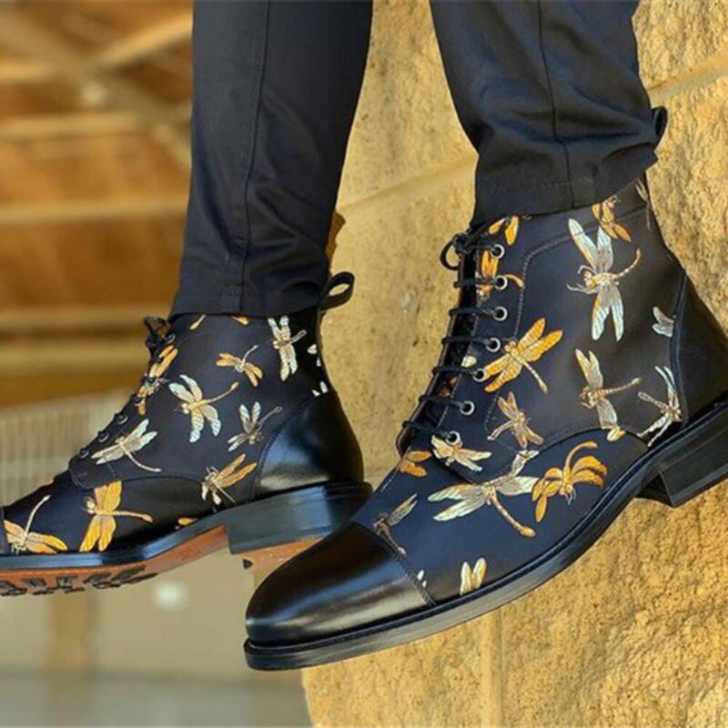 Miesten British Style Cap Toe Splicing Dragonflies Printed Kangas Nilkkasaappaat