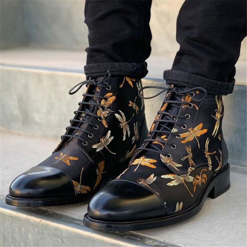 Miesten British Style Cap Toe Splicing Dragonflies Printed Kangas Nilkkasaappaat