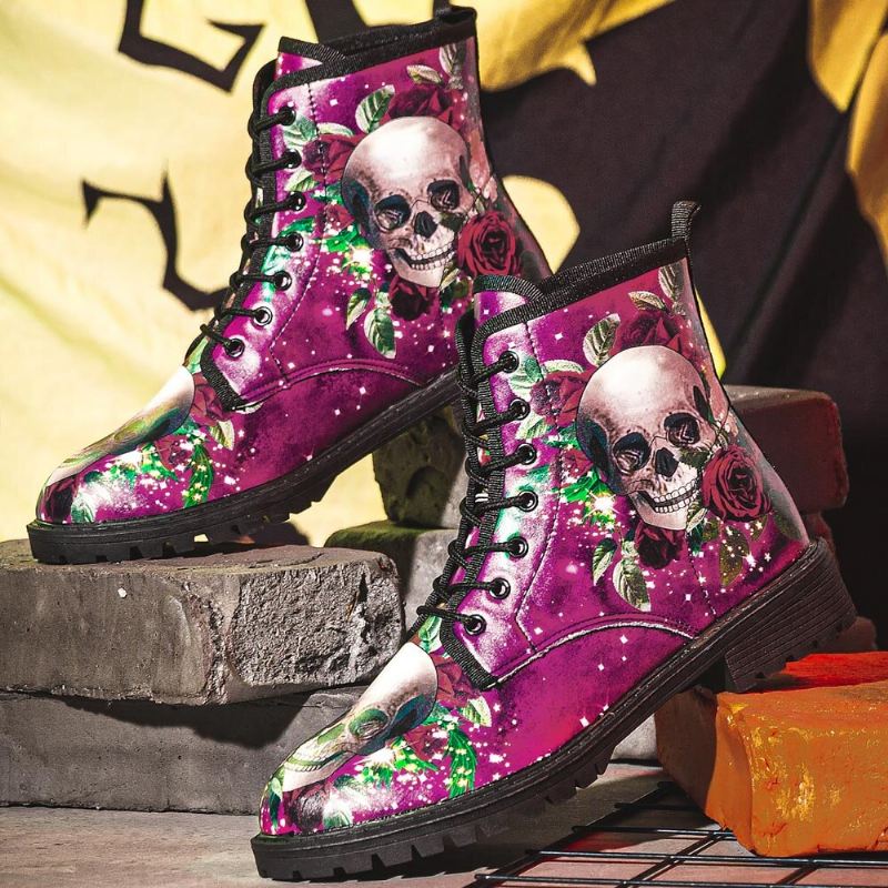 Miesten Nahka Halloween Pehmeä Pohja Pyöreä Varvas Hauska Pääkallo Printing Casual Martin Boots