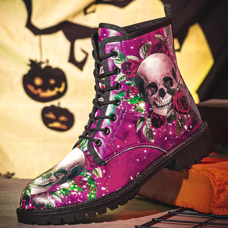 Miesten Nahka Halloween Pehmeä Pohja Pyöreä Varvas Hauska Pääkallo Printing Casual Martin Boots