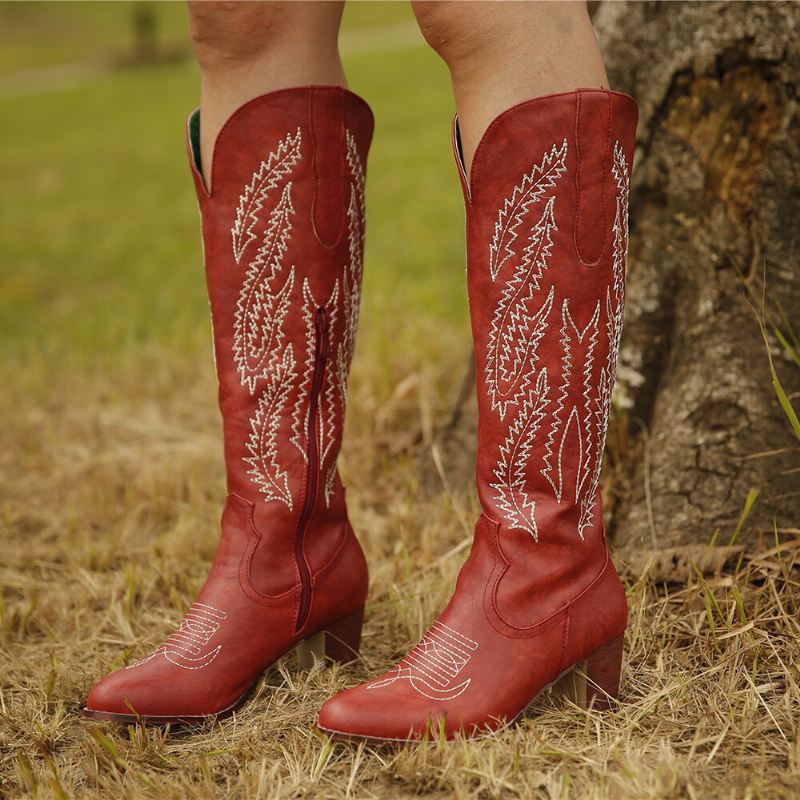 Naisten Plus Size Retro Punainen Teräväkärki Brodeerattu Paksu Kantapää Vetoketjullinen Cowboysaappaat