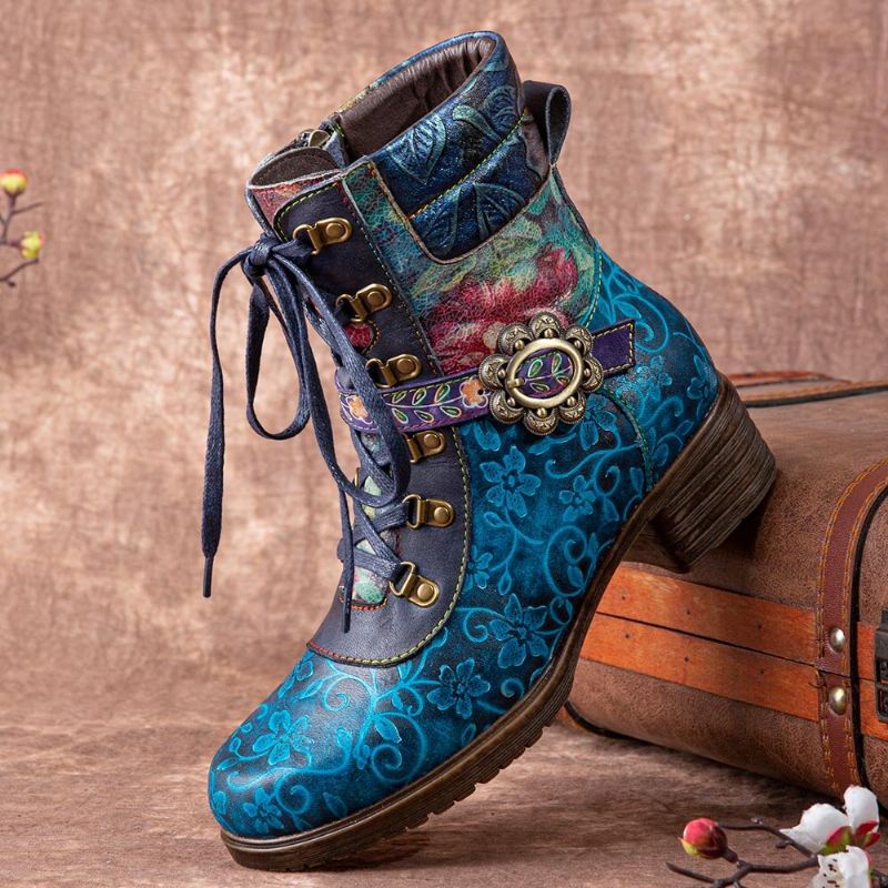 Naisten Retro Kukkakuvioinen Nahka Mukavat Lace Up Paksut Korkokengät Pohkeen Puolivälissä