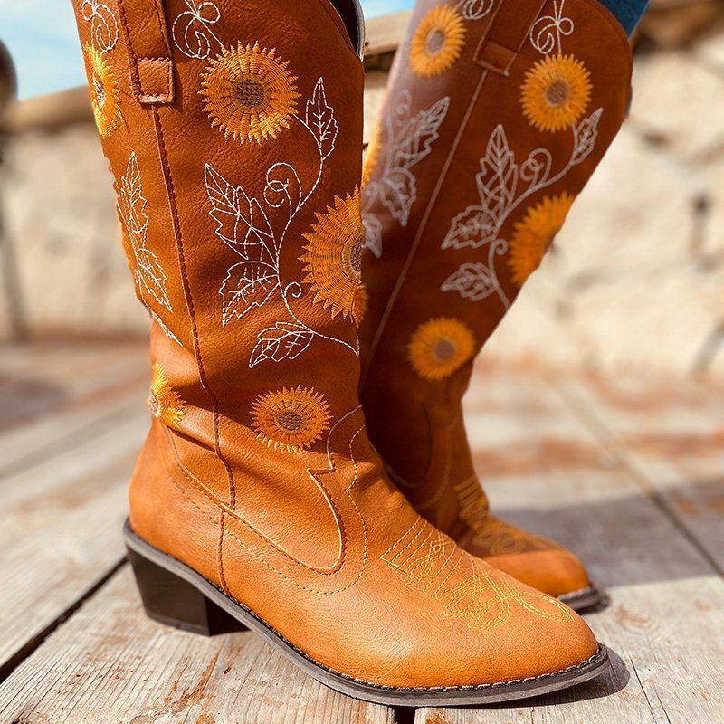 Naisten Suuret Päivänkakkara Brodeerattu Paksu Kantapää Teräväkärkinen Cowboy-saappaat