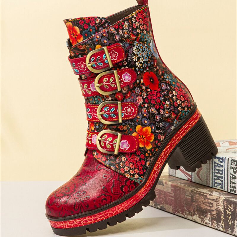 Retro Aito Nahka Kukkakuvioinen Metallisolki Koukku Look Lämmin Vuori Platform Paksu Kantapää Lyhyet Saappaat