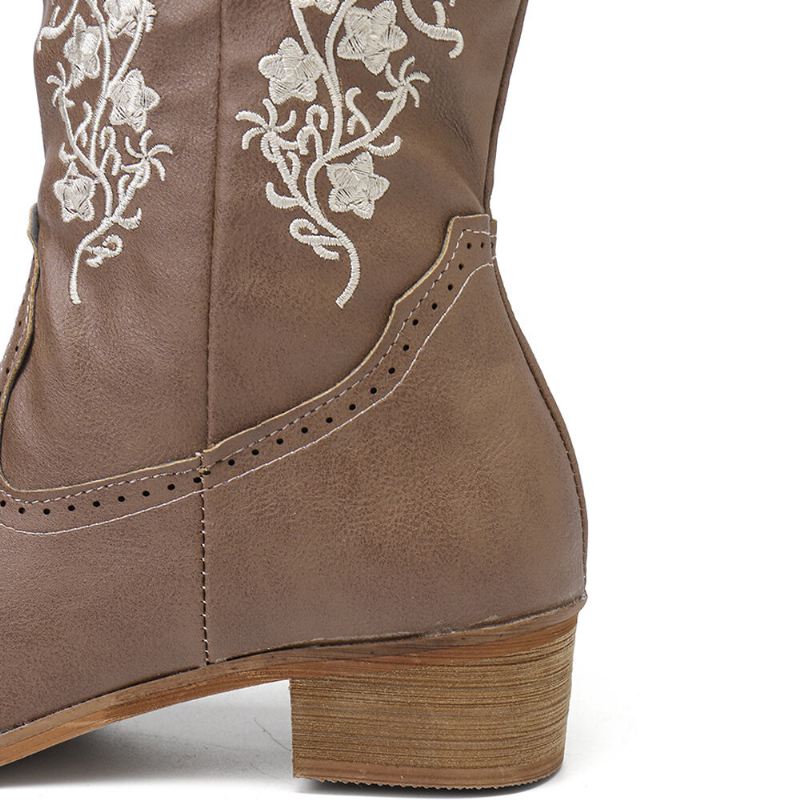 Retro Flowers Neliömäiset Toe Luistaa Päälle Pohkeen Keskiosa Block Heel Cowboy-saappaat Naisille