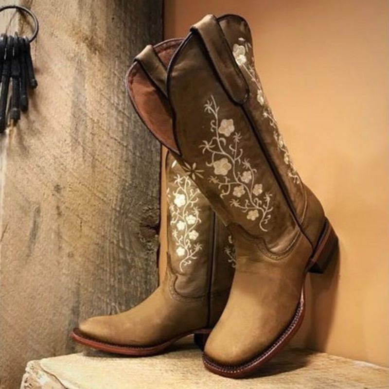Retro Flowers Neliömäiset Toe Luistaa Päälle Pohkeen Keskiosa Block Heel Cowboy-saappaat Naisille