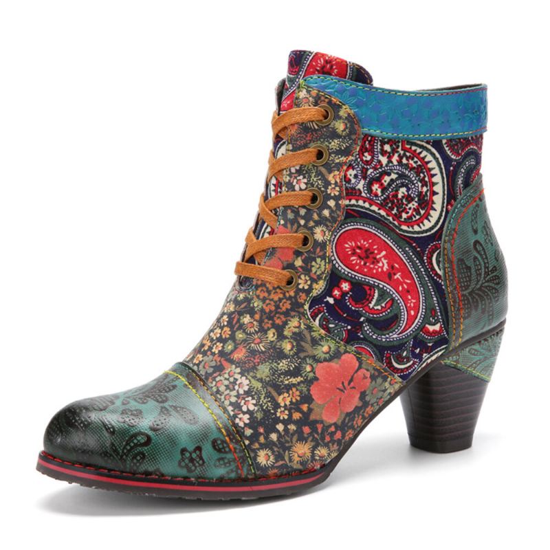 Retro Paisley Pattern Nahka Patchwork Lace-up Design Sivuvetoketju Mukavat Matalakorkoiset Lyhyet Nilkkurit