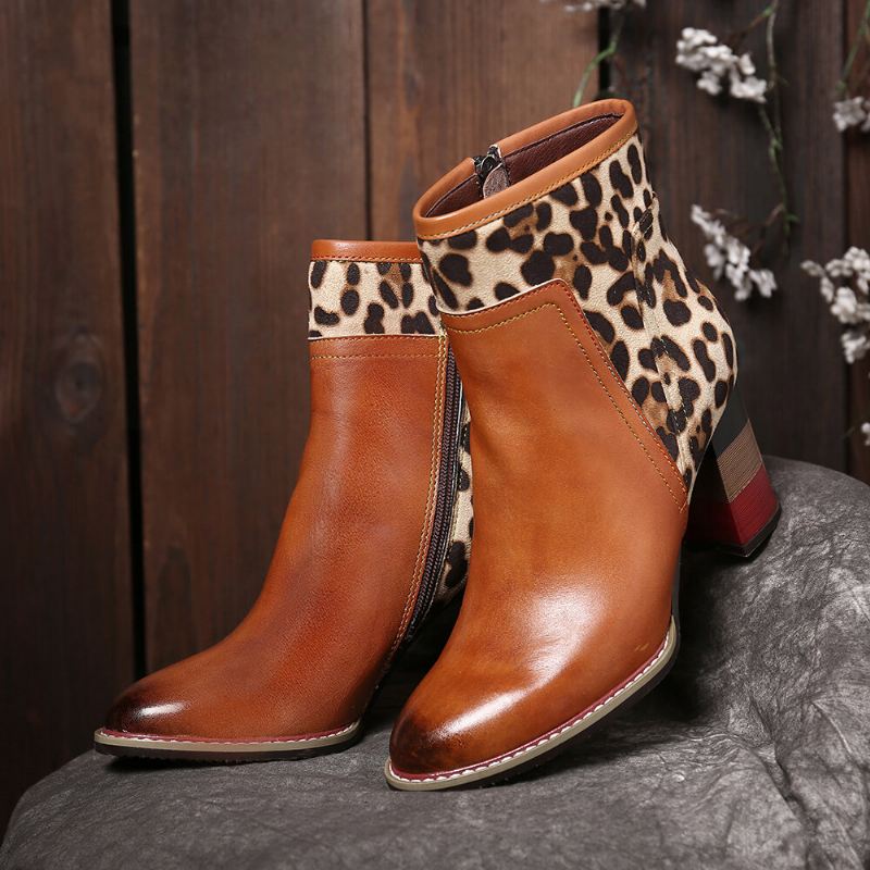 Soocfy Leopard Pattern Splicing Aitoa Nahkaa Korkea Nelikantainen Vetoketju Lyhyet Saappaat