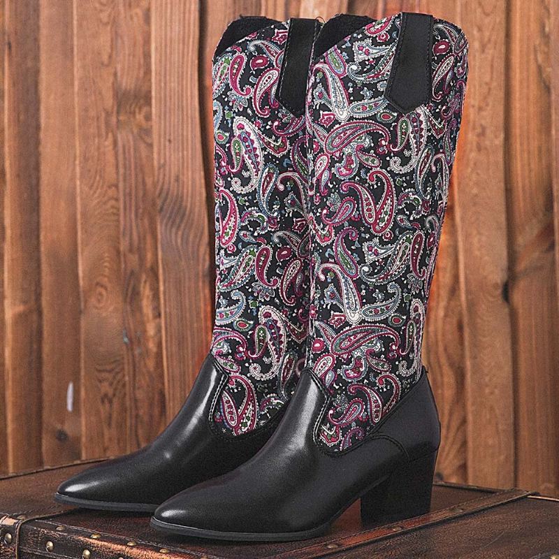 Suurikokoiset Naisten Etniset Paisley-kuvioiset Selkävetoketjut Teräväkärkiset Paksukorkoiset Cowboysaappaat