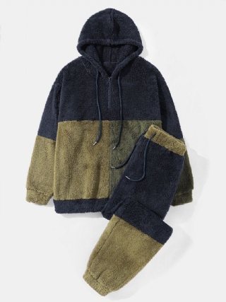 Miesten Fleece Patchwork Kontrasti Väri Block Kiristysnyöri Hupullinen Kaksiosaiset Setit