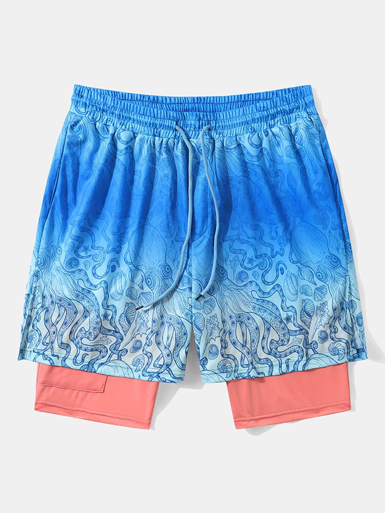 Miesten Mustekalakuvioiset Kaksikerroksiset Invisiblely Pocket Shortsit