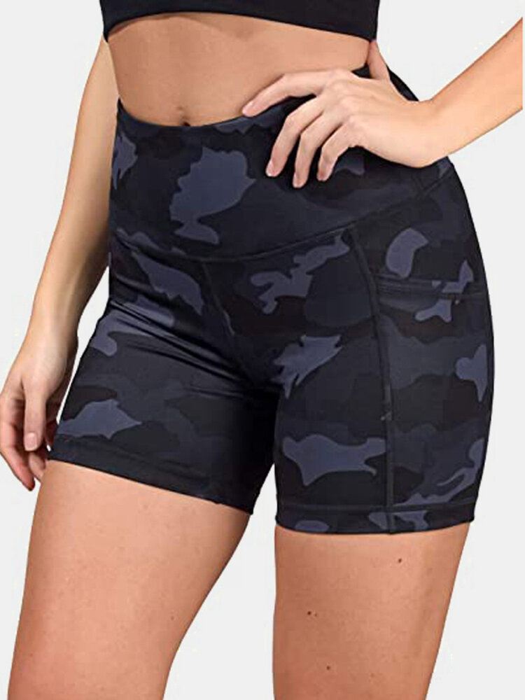 Naisten Naamiointi Fitness Workout Biker Shortsit Taskulla