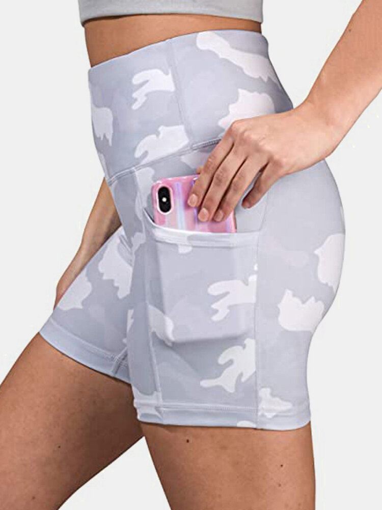 Naisten Naamiointi Fitness Workout Biker Shortsit Taskulla