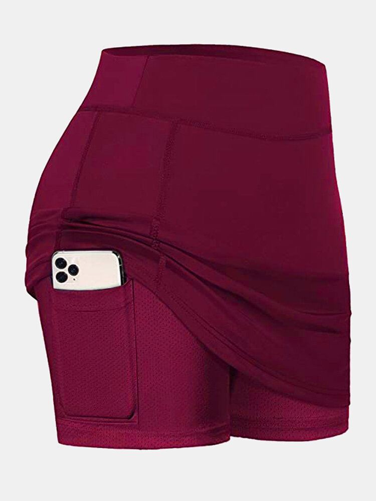 Naisten Yksiväriset Urheilushortsit Compression Liner Hengittävä Tennishame Taskulla