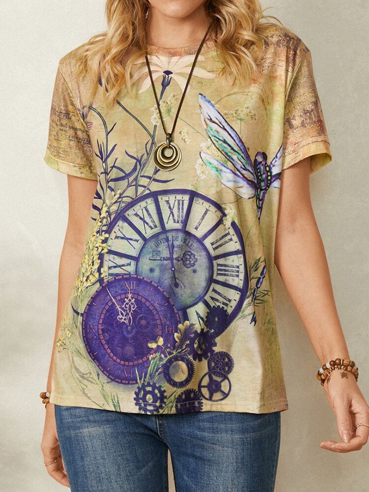 Kello Dragonfly Print Lyhythihainen O-pääntie Rento Vintage Naisten T-paita