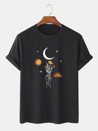 Miesten 100 % Cotton Moon Flowers Print Solid Hengittävä Löysä T-paita