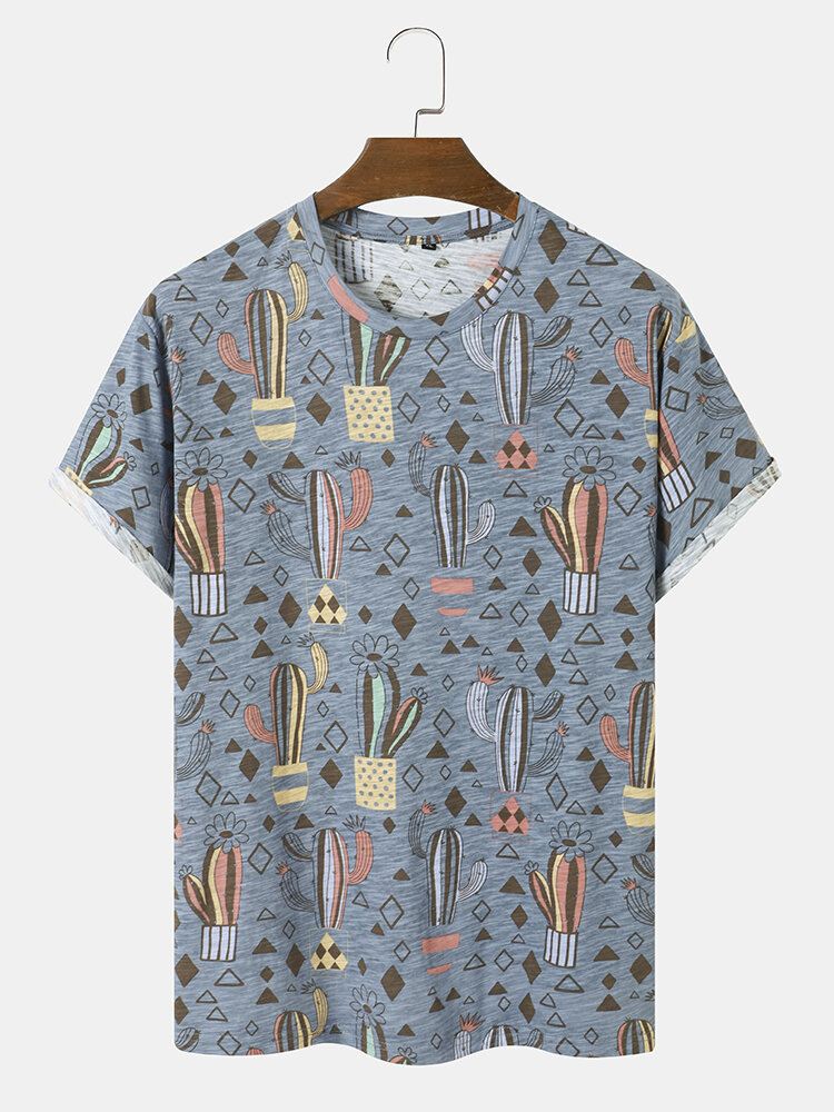 Miesten 100 % Puuvillaa Cartoon Cactus Print Hengittävä Lyhythihainen Vapaa-ajan T-paita
