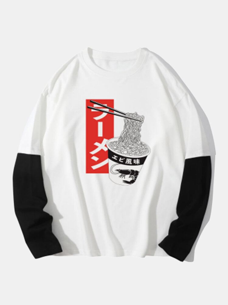 Miesten 100 % Puuvillaa Japanilaiset Nuudelit Print 2 In 1 Pitkähihaiset T-paidat