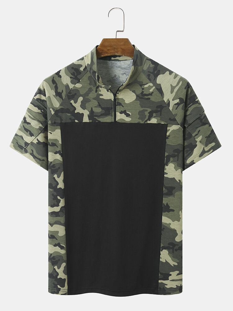 Miesten Camo Print Patchwork Edessä Vetoketju Ihoystävällinen Lyhythihainen Rento T-paita
