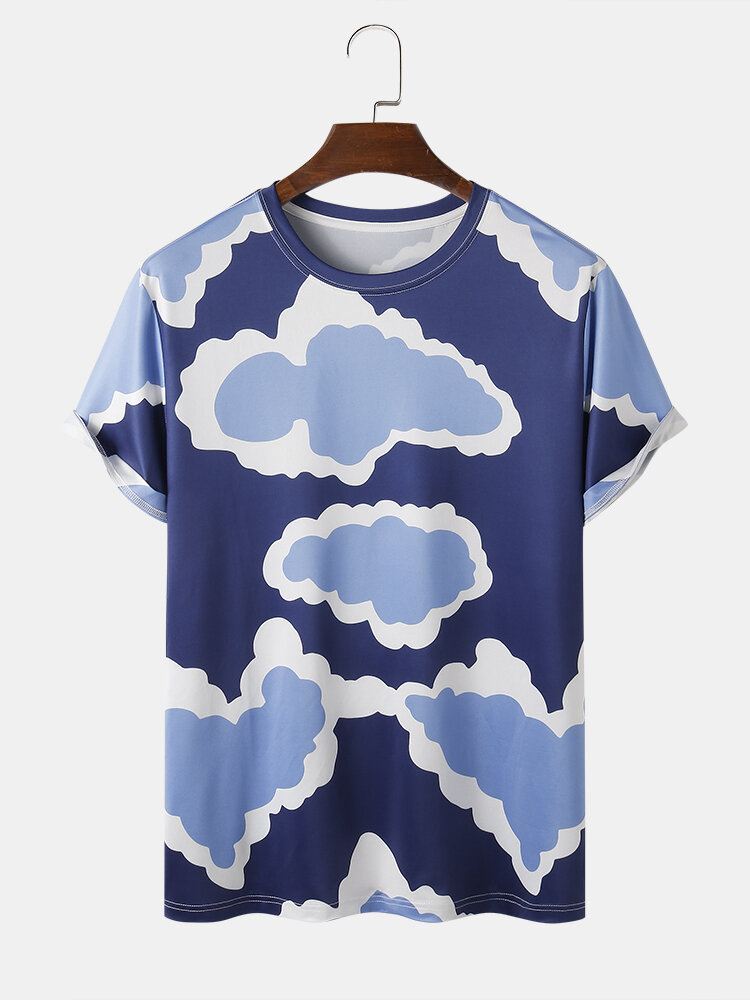 Miesten Cloud Print-kauluksiset Löysät Loma-t-paidat