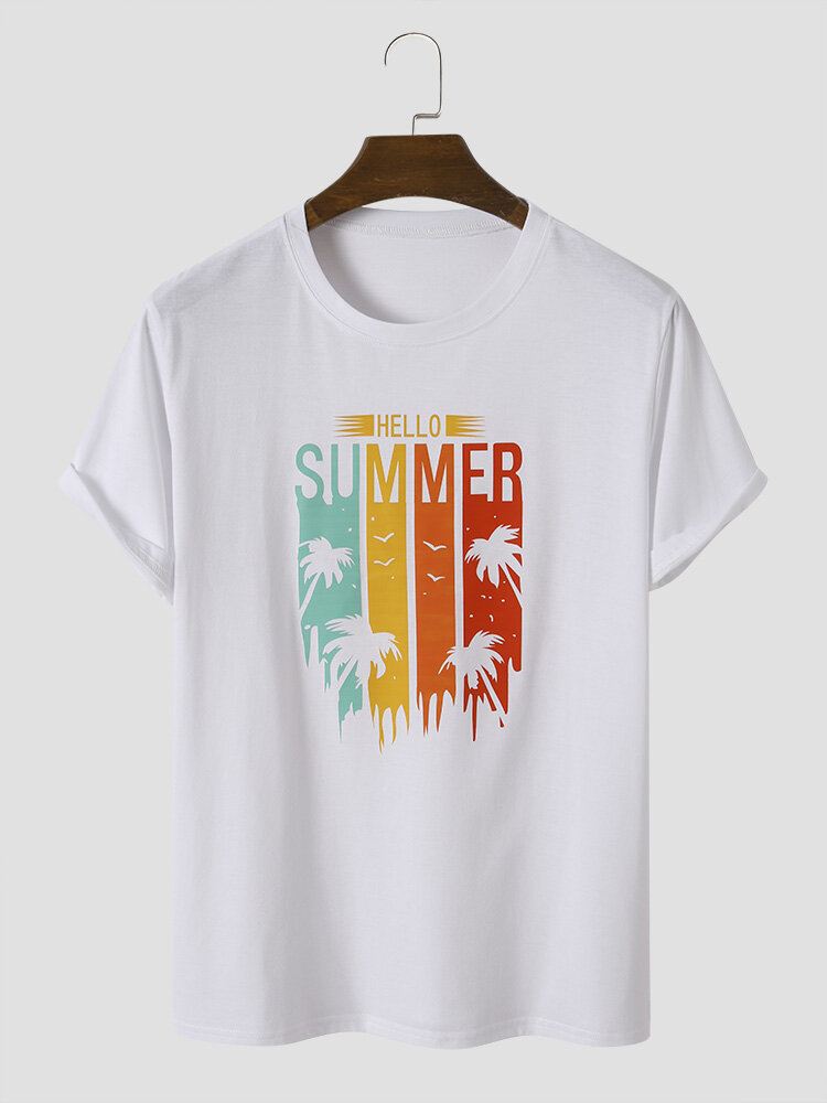 Miesten Cotton Letter Coconut Tree Hawaii All Matched Skin Friendly Crew Neck T-paidat