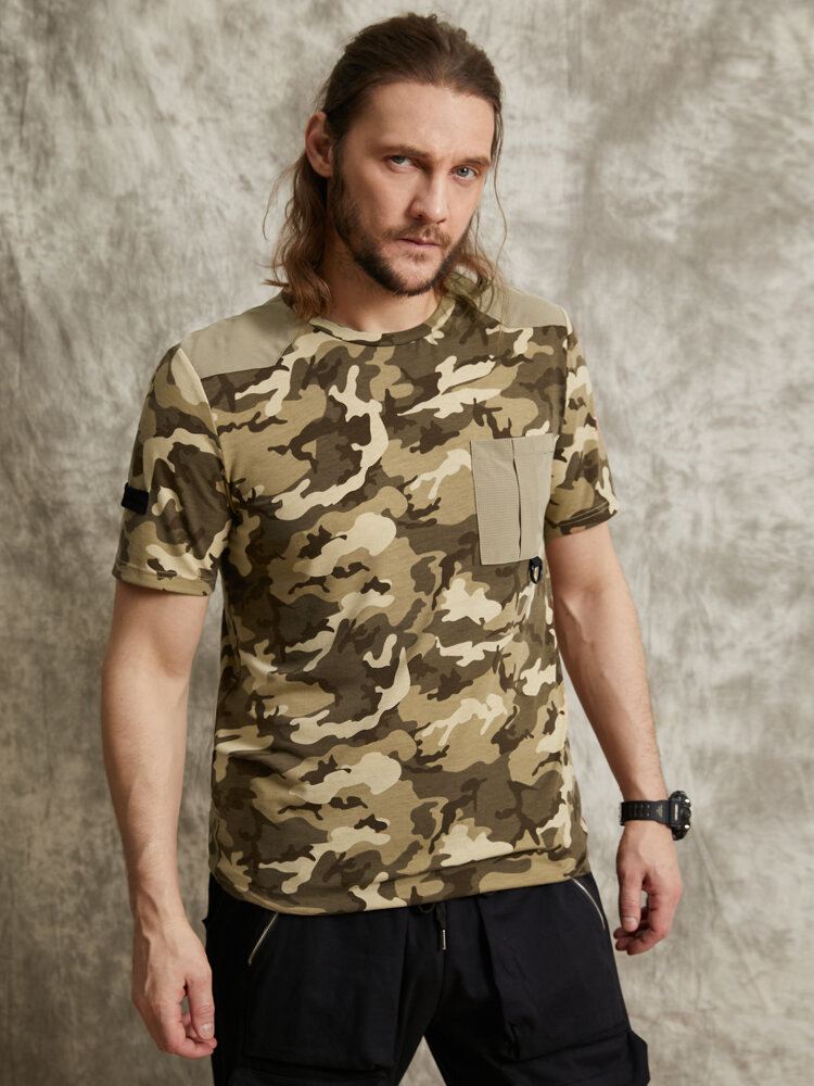Miesten Gingham Camo Print Single Pocket Hem Cuff Ihoystävällinen Lyhythihainen T-paita