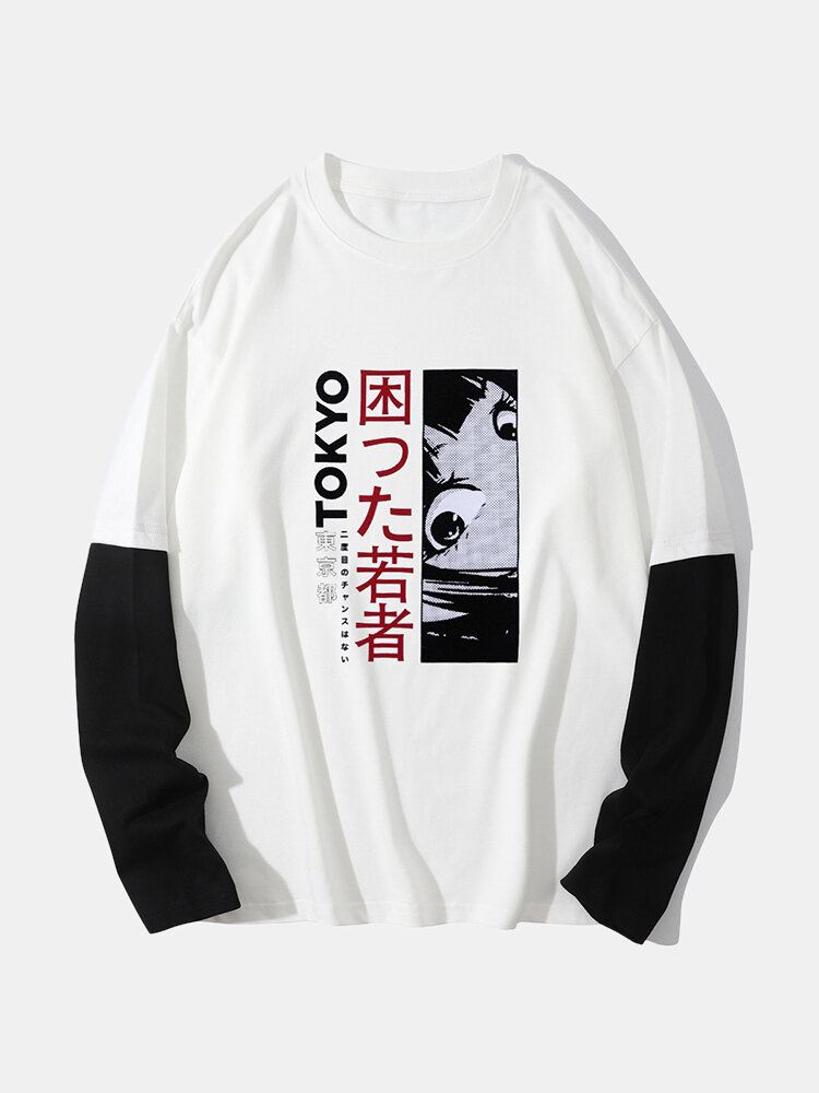 Miesten Japanilainen Anime Tokyo Print 100 % Puuvillaa 2 In 1 Pitkähihaiset T-paidat