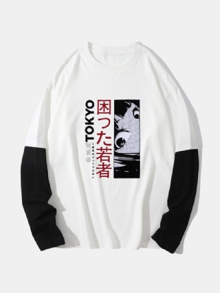 Miesten Japanilainen Anime Tokyo Print 100 % Puuvillaa 2 In 1 Pitkähihaiset T-paidat