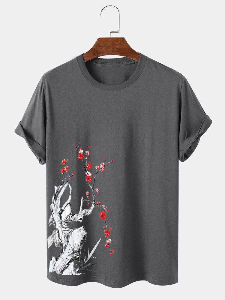 Miesten Plum Bossom Side Print Lyhythihaiset Puuvilla T-paidat