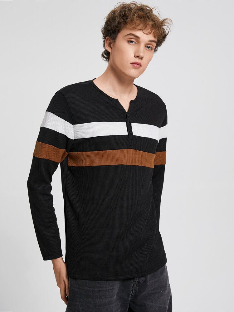 Miesten Raidallinen Nappikaulus Patchwork Henley T-paita
