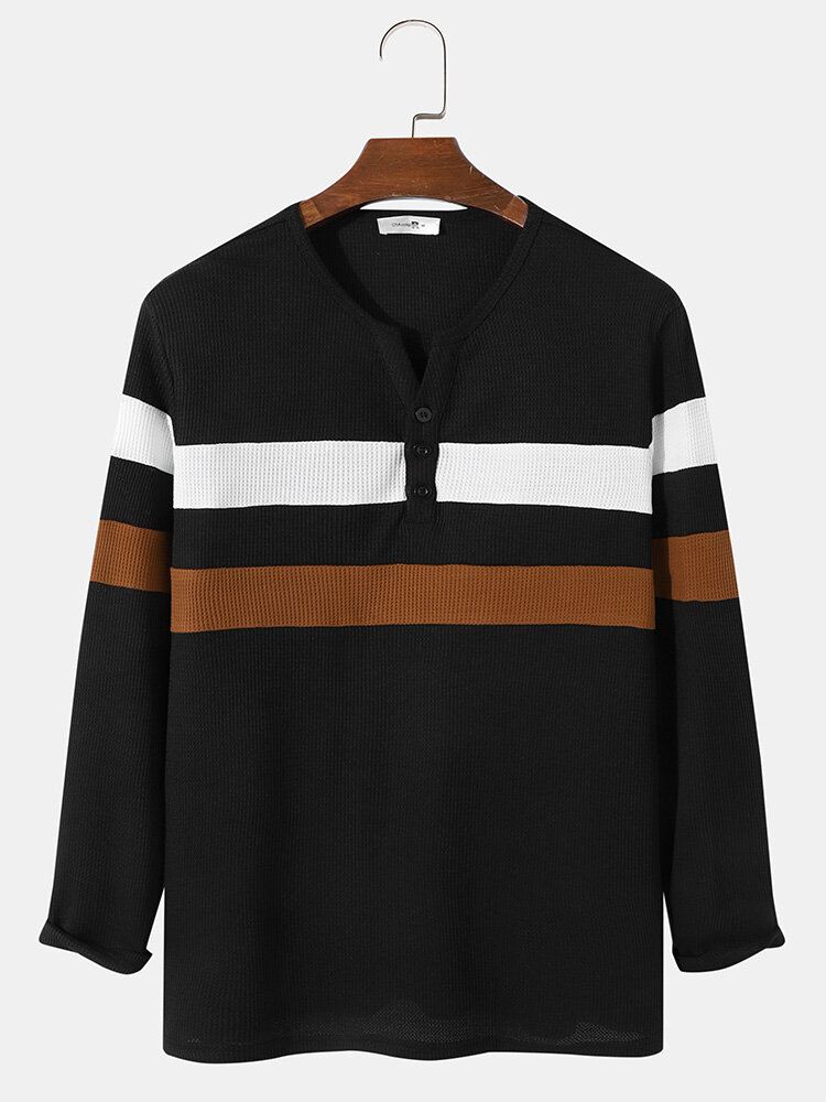 Miesten Raidallinen Nappikaulus Patchwork Henley T-paita