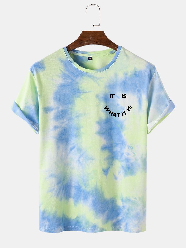 Miesten Smile Letter Print Tie Dye Crew Neck Street T-paidat