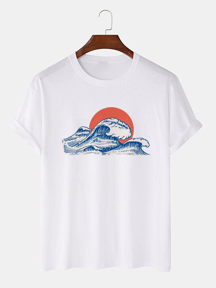 Miesten Wave Red Sun Graphic Cotton Lyhythihaiset T-paidat